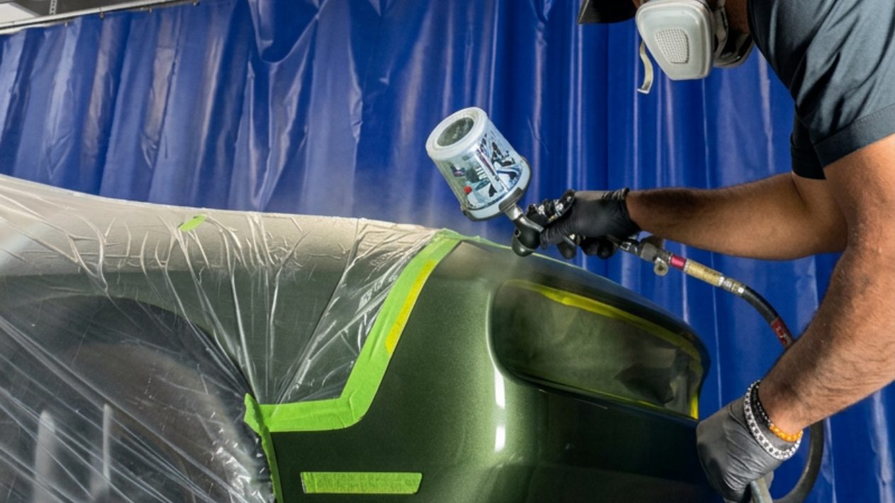 A technician spraying paint onto a masked green bumper inside the paint booth