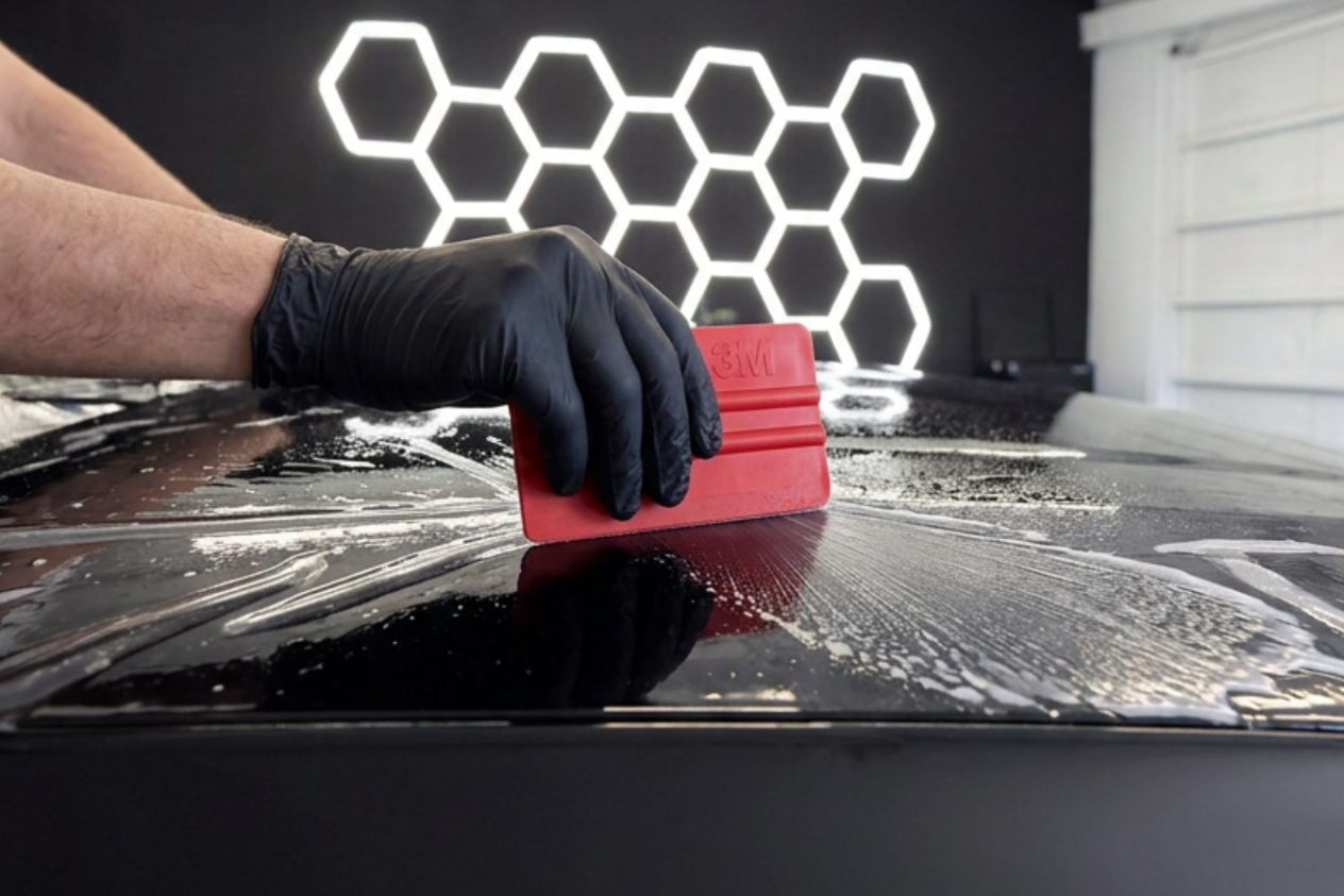 A gloved hand pulling a red squeegee across protection film on a black hood