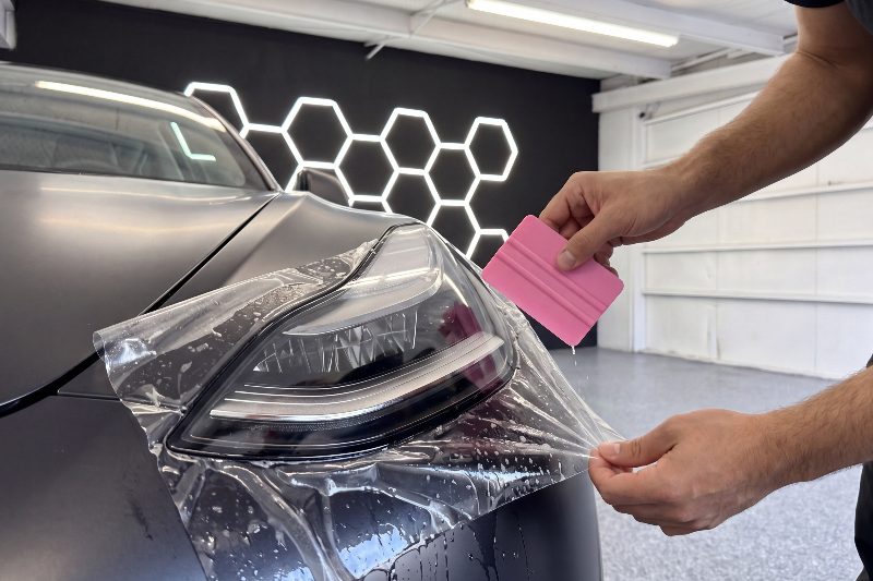 A pink squeegee working protection film down over a headlight