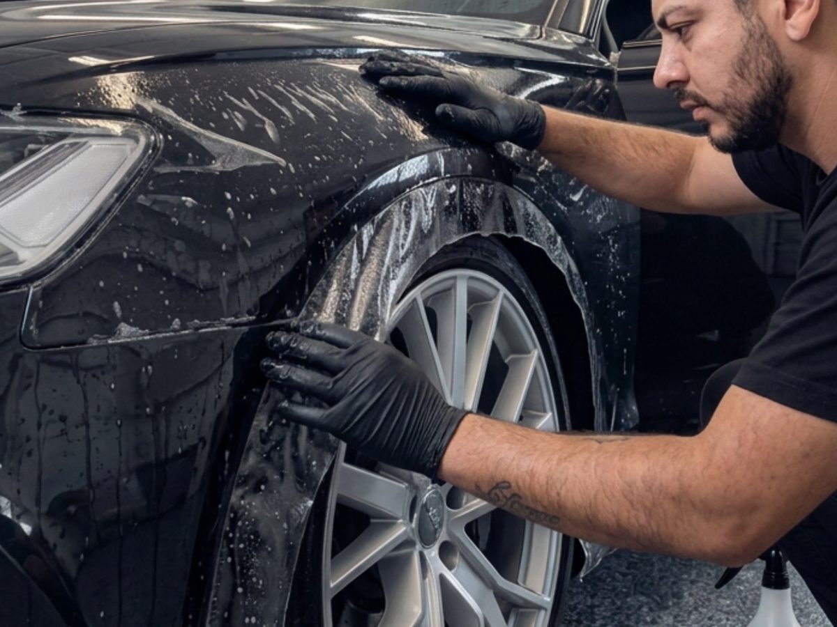 A technician smoothing protection film over the front fender of a black car