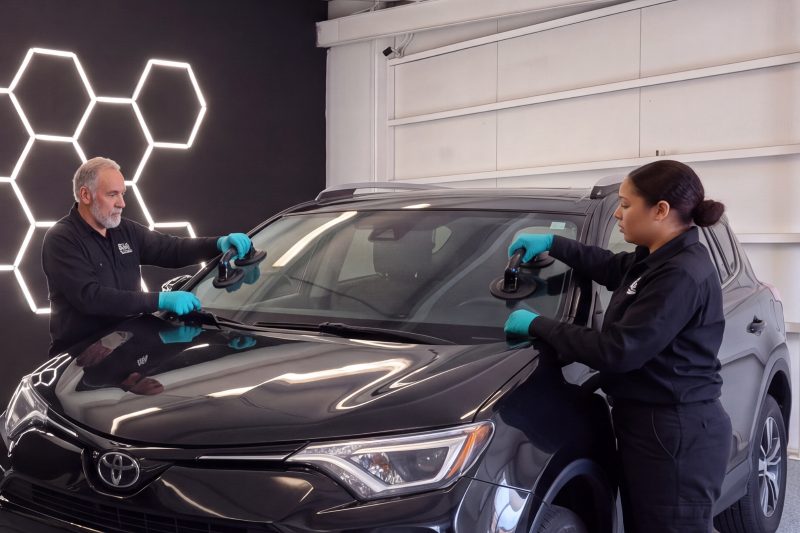 Two technicians lifting a windshield into place on a dark SUV with suction handles